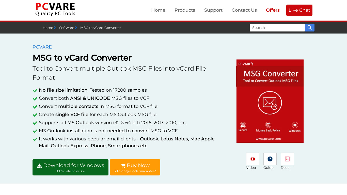 PCVARE MSG to vCard Converter Landing page