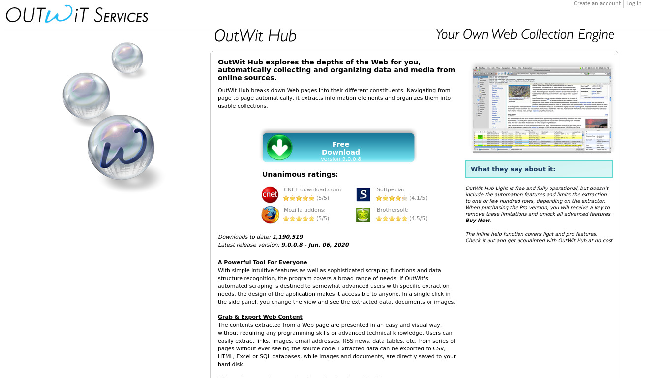 OutWit Hub Landing page