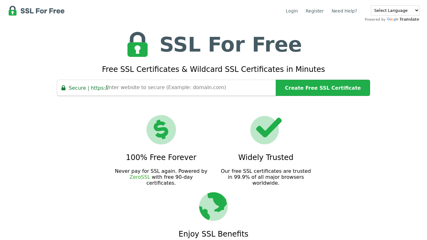 SSL For Free Landing page