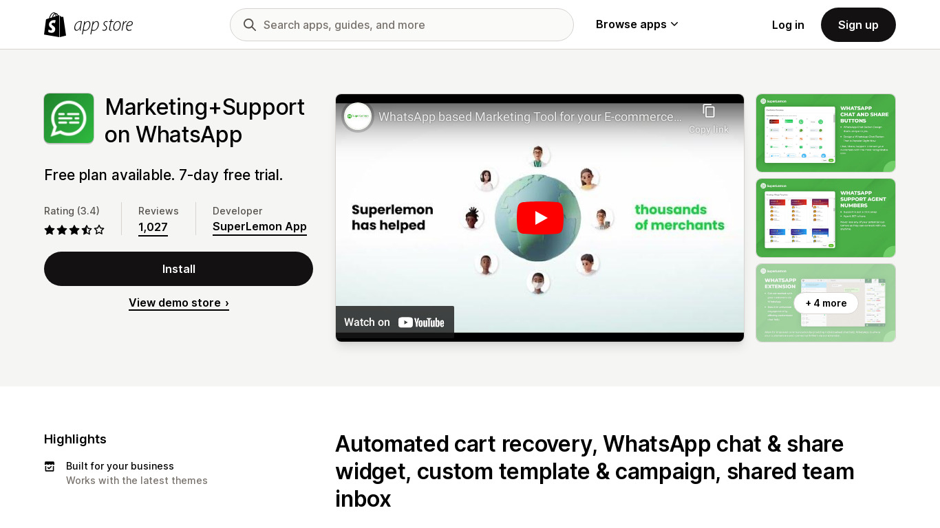 WhatsApp Chat for Shopify Landing page