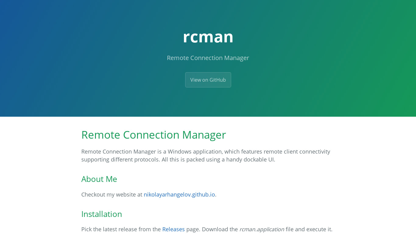 Remote Connection Manager Landing page