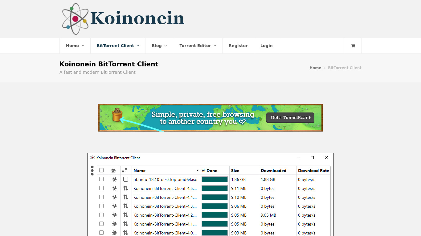 Koinonein BitTorrent Client Landing page