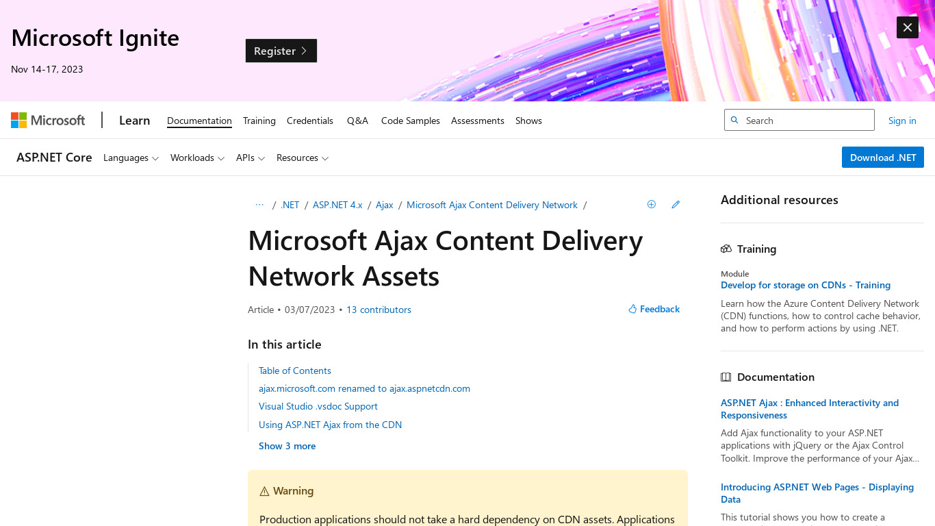 Microsoft Ajax CDN Landing page