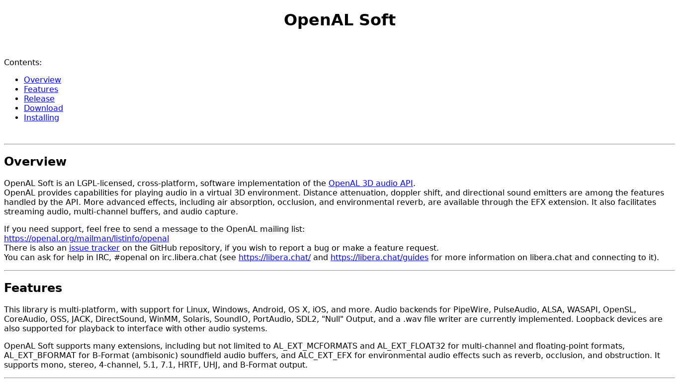 OpenAL Soft Landing page