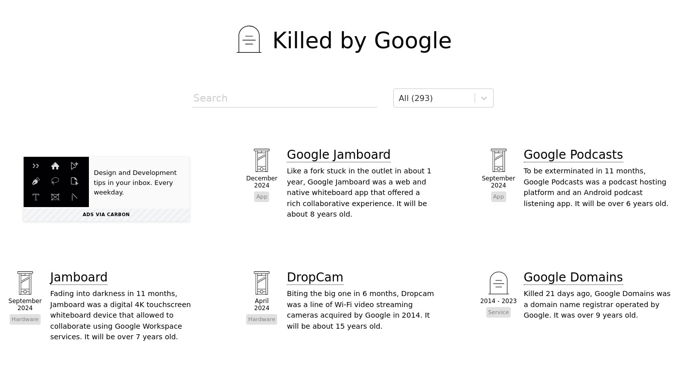 Killed by Google Landing page