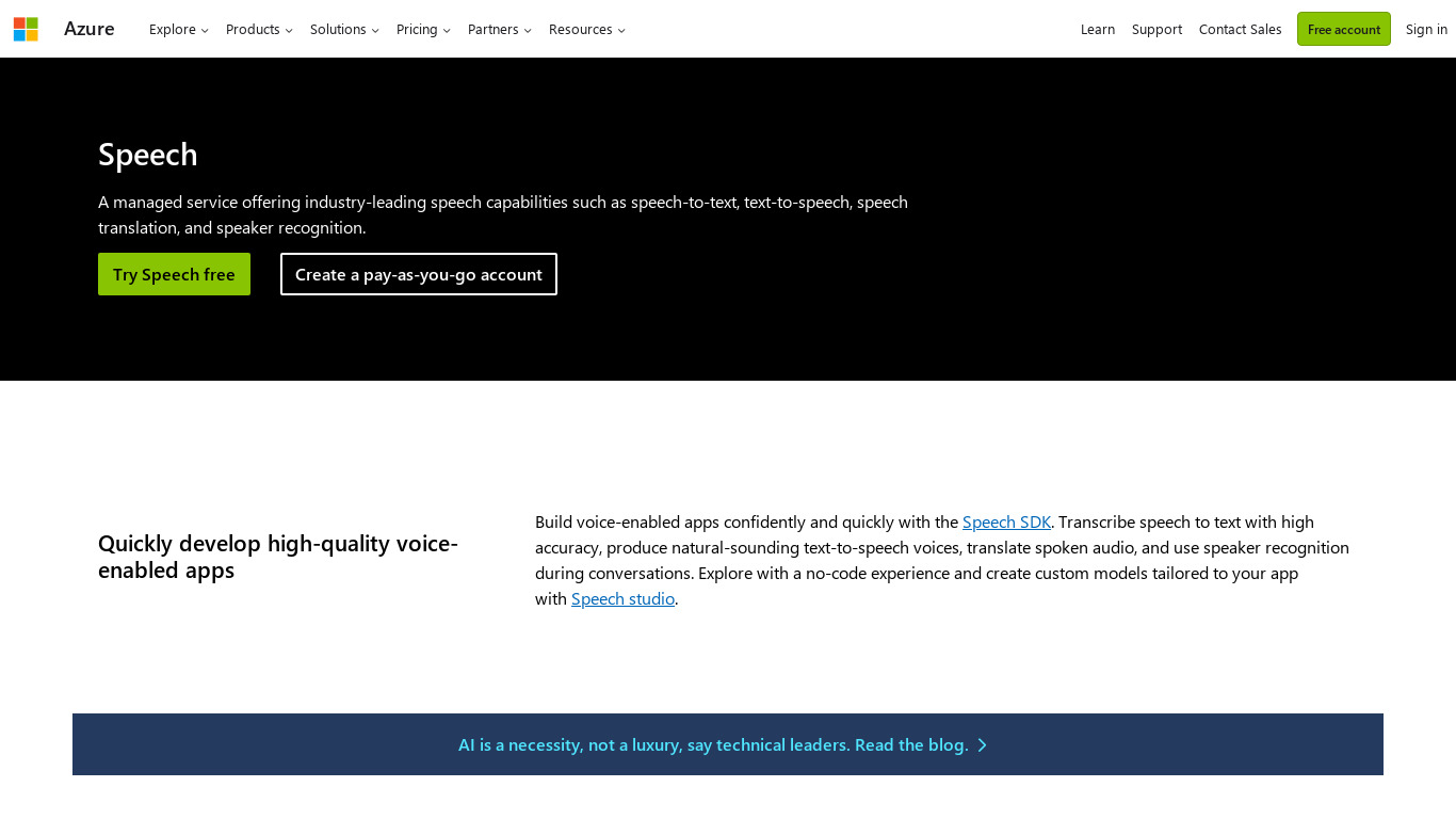 Azure Speech Services Landing page