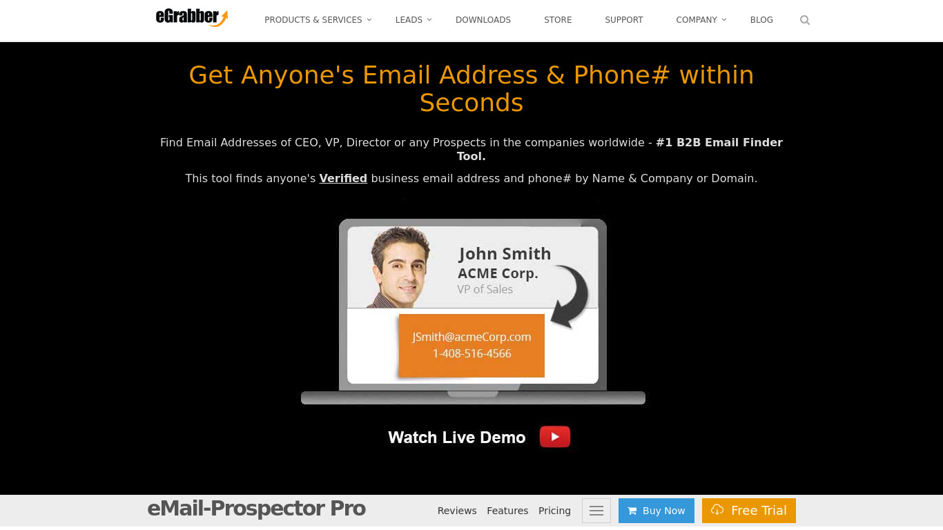 eGrabber eMail-Prospector Landing page
