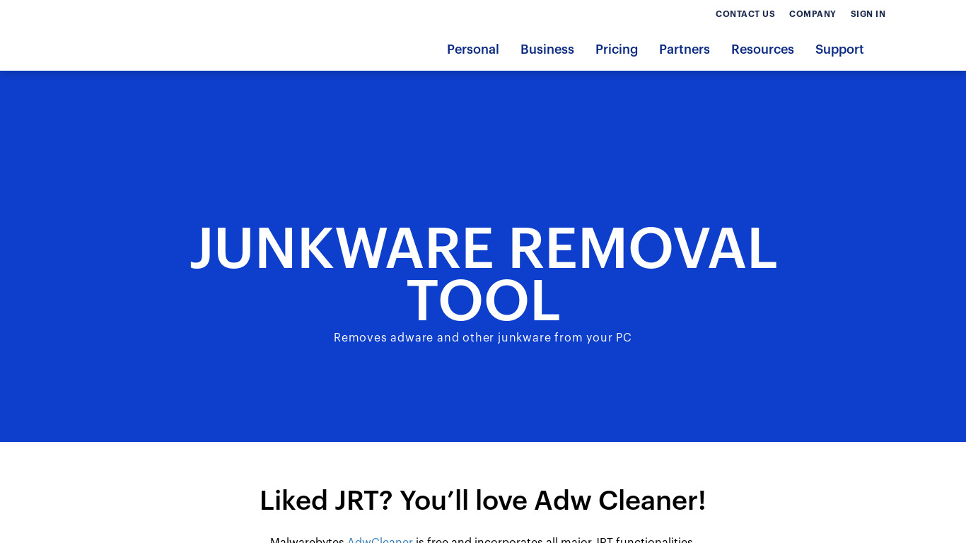 Junkware Removal Tool Landing page