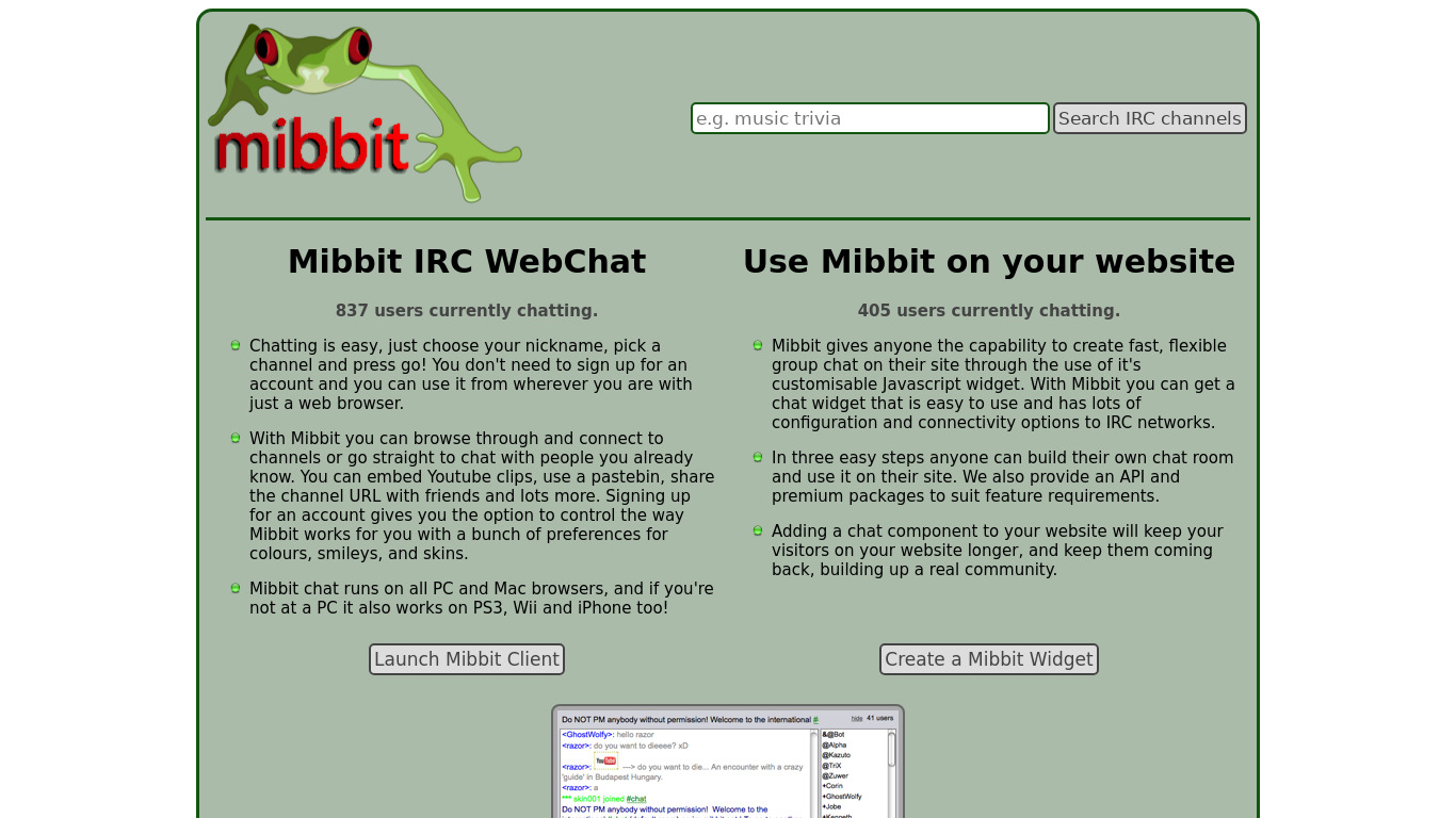 Mibbit Landing page
