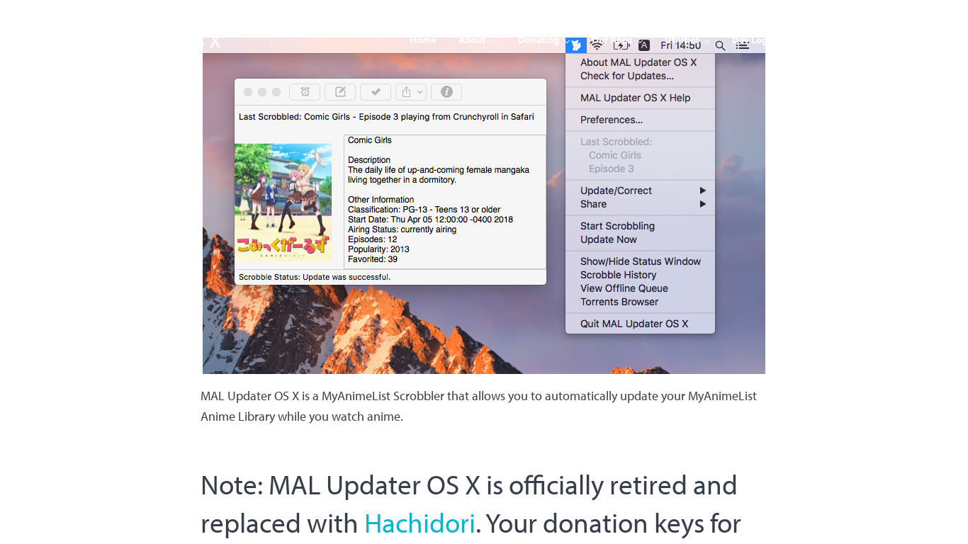 MAL Updater OS X Landing page