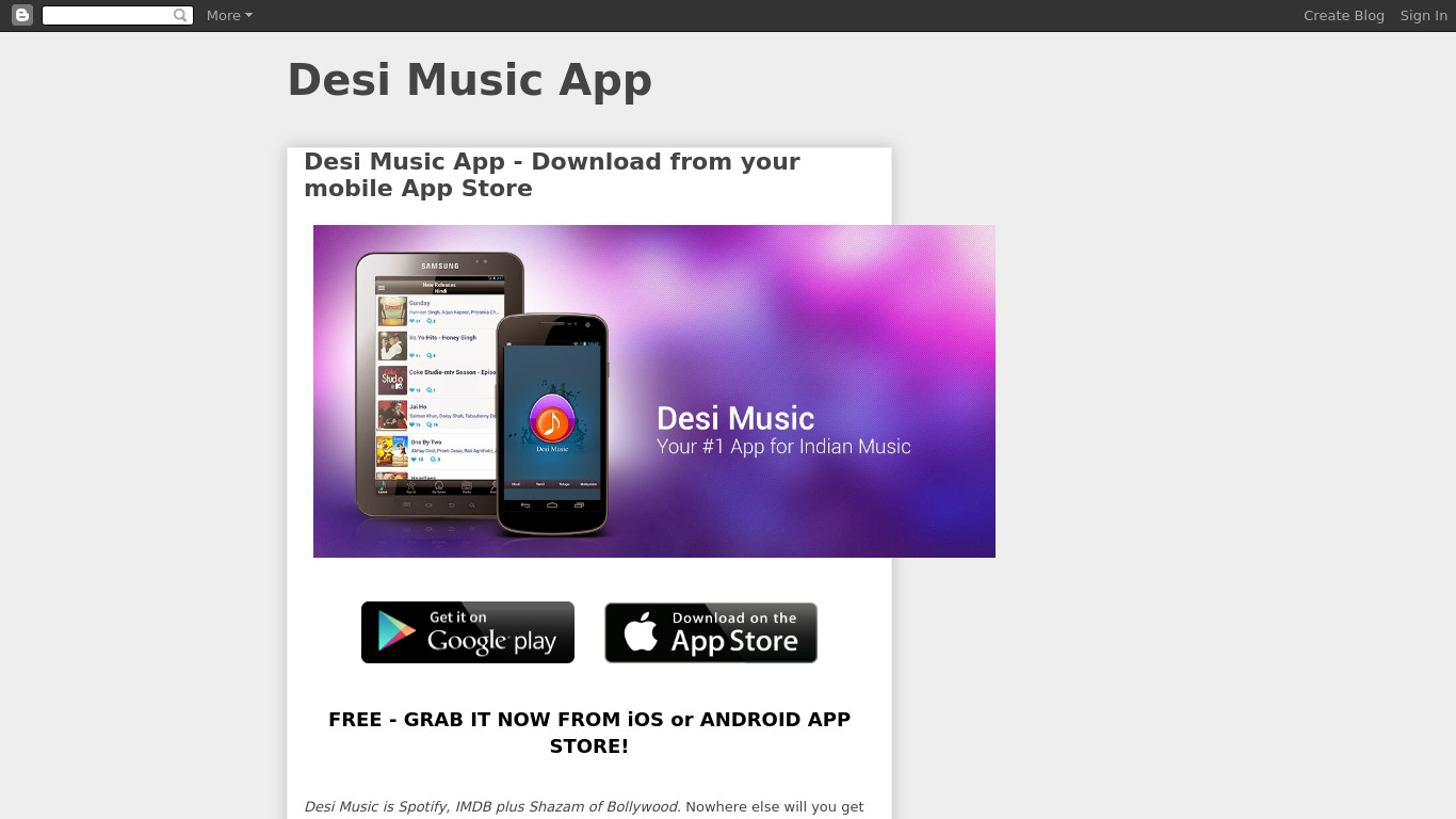 Desi Music Landing page