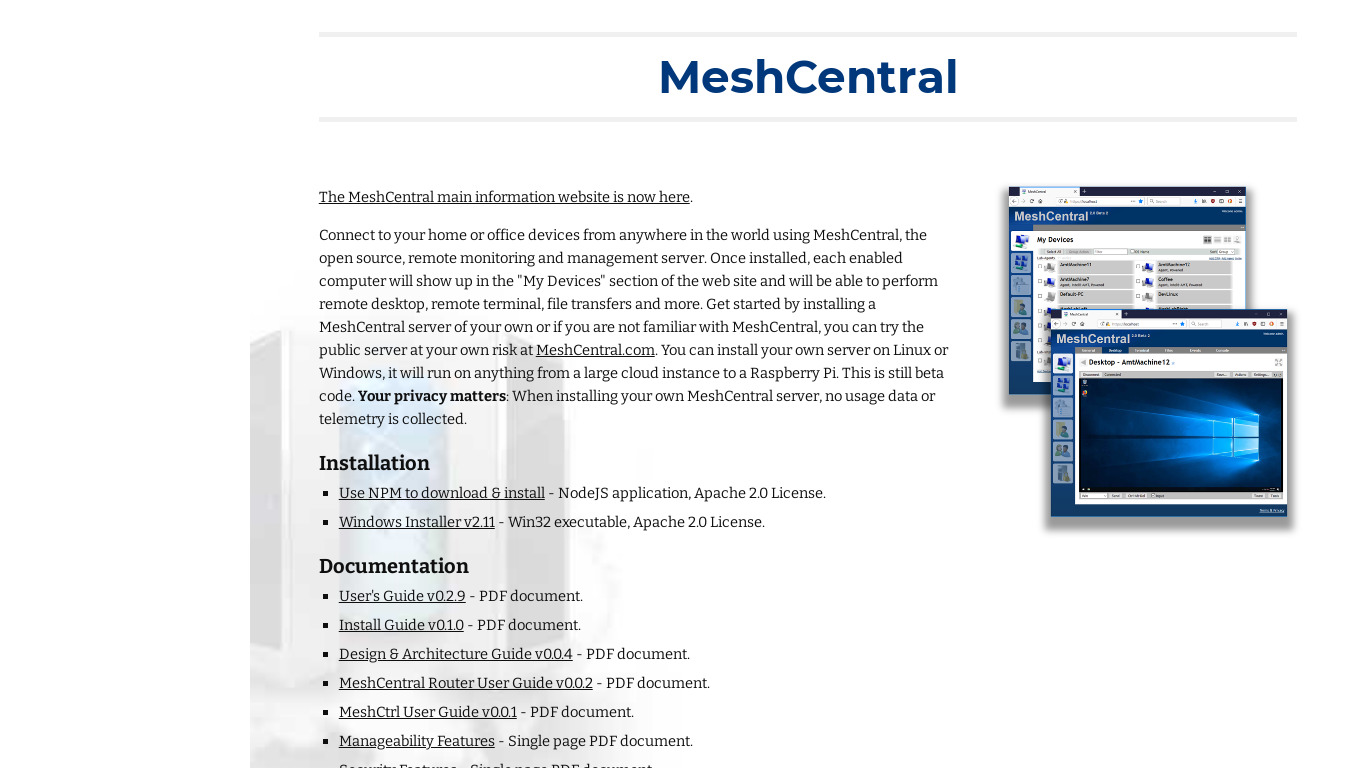 MeshCentral Landing page