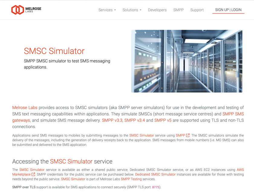 Melrose Labs SMSC Simulator Landing Page