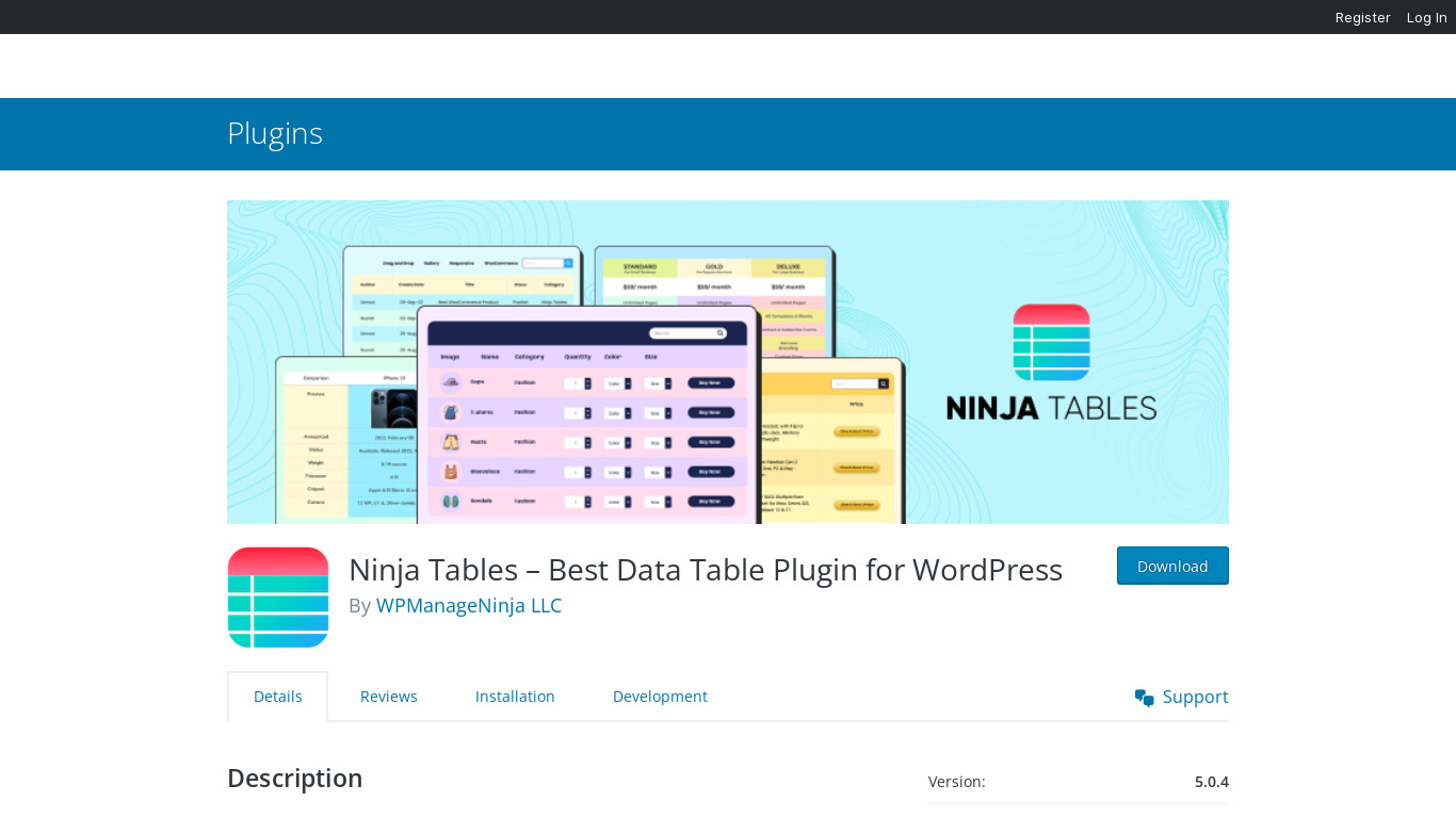 Ninja Tables Landing page
