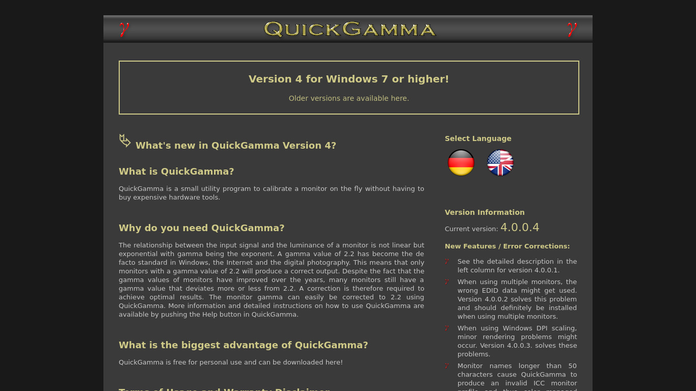 QuickGamma Landing page