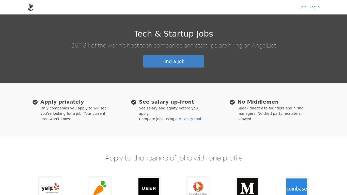 AngelList Jobs Landing page