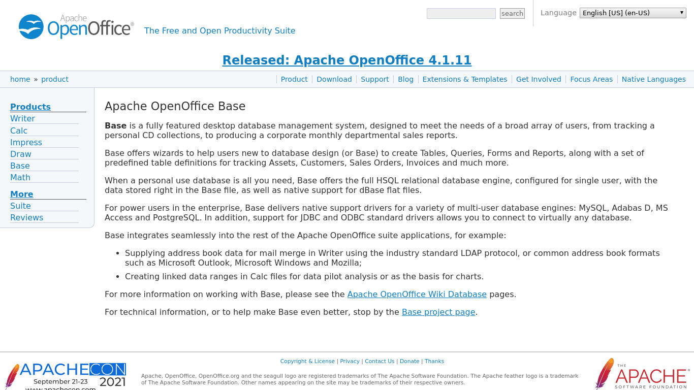 Apache OpenOffice Base Landing page