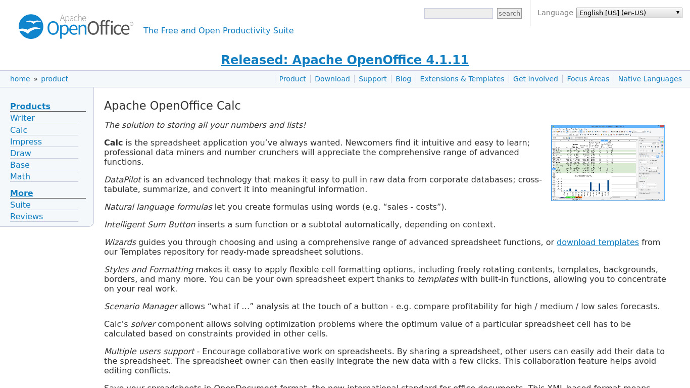 Apache OpenOffice Calc Landing page