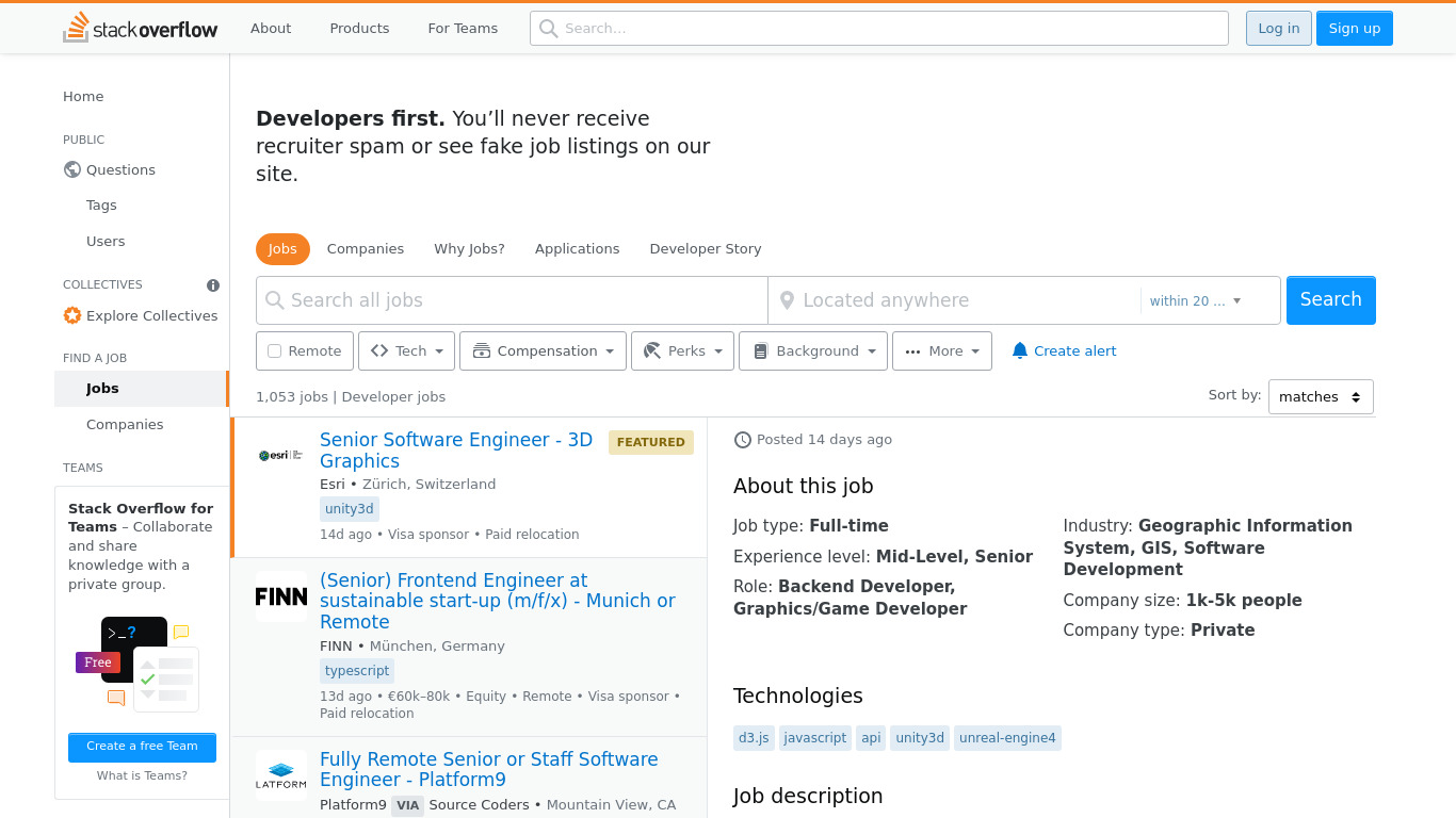 Stack Overflow Jobs Landing page