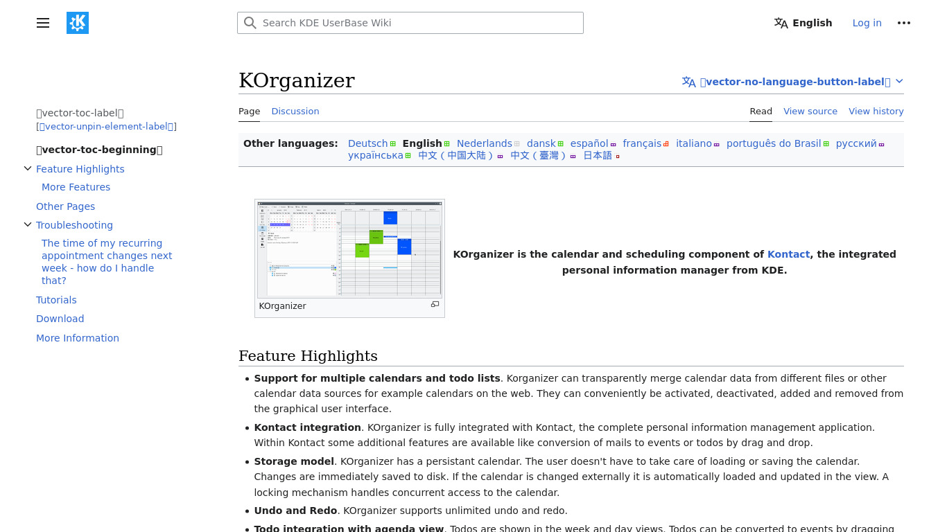 Kontact - KOrganizer Landing page