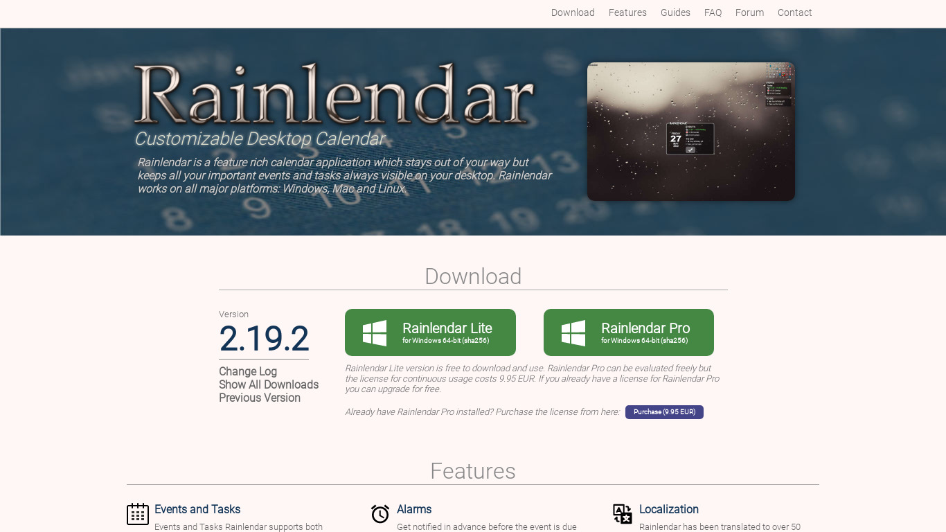 Rainlendar Landing page