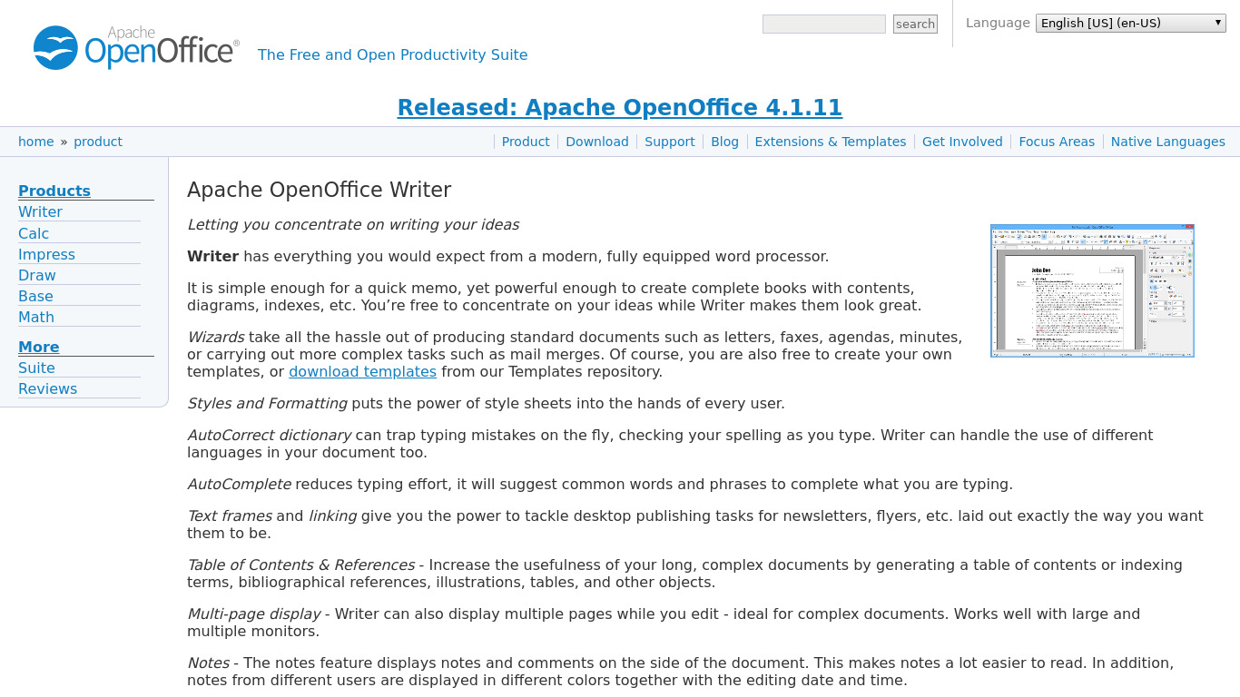 Apache OpenOffice Writer Landing page