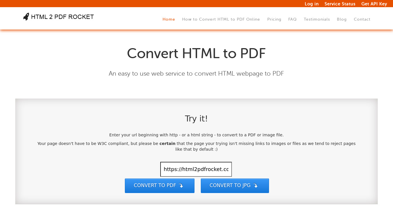 HTML2PDF Rocket Landing page