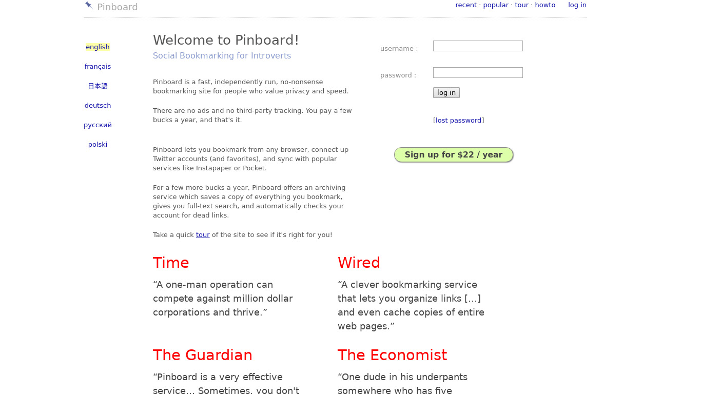 Pinboard Landing page