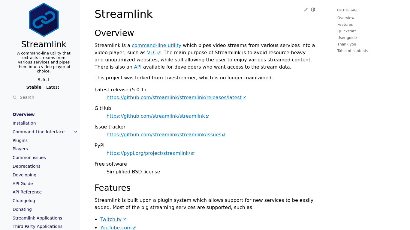 Streamlink Landing page