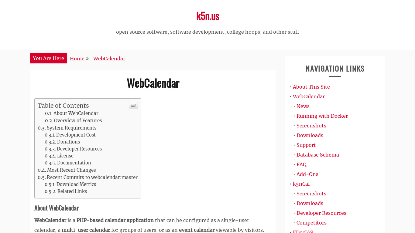 WebCalendar Landing page