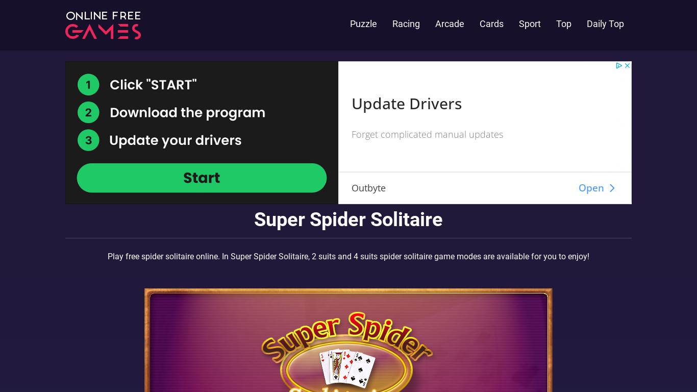 Super Spider Solitaire Landing page