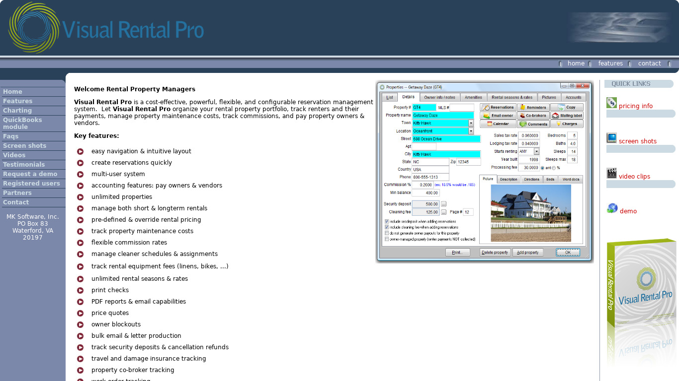 Visual Rental Pro Landing page