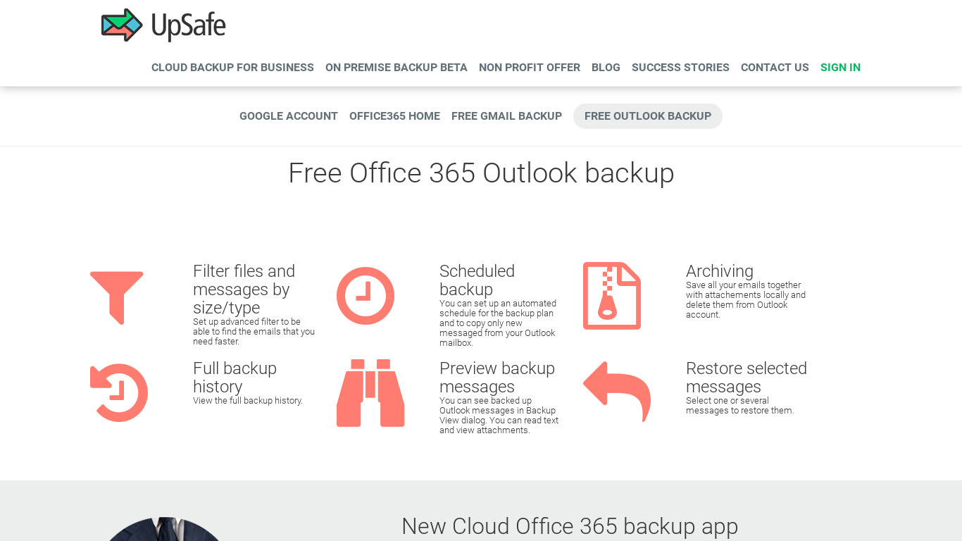 UpSafe Office365 backup Landing page