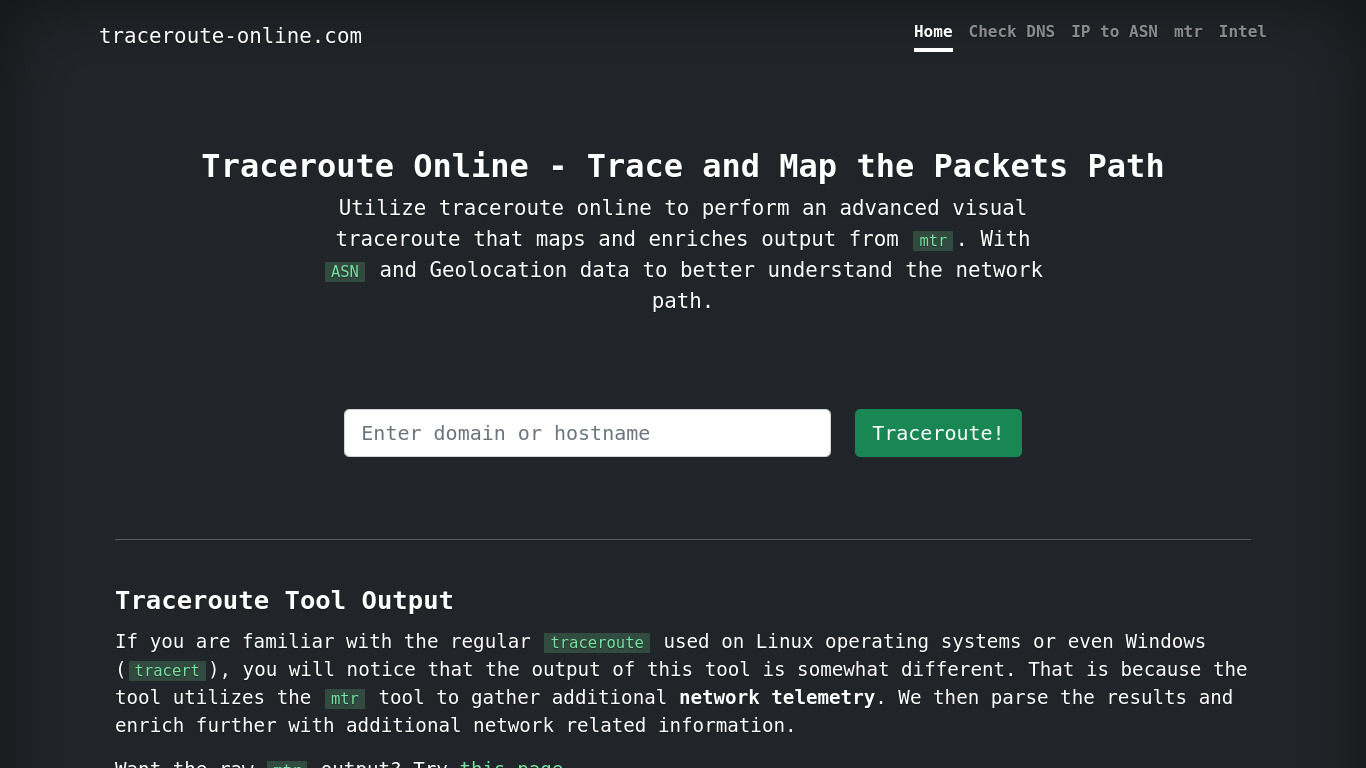 Traceroute Online Landing page