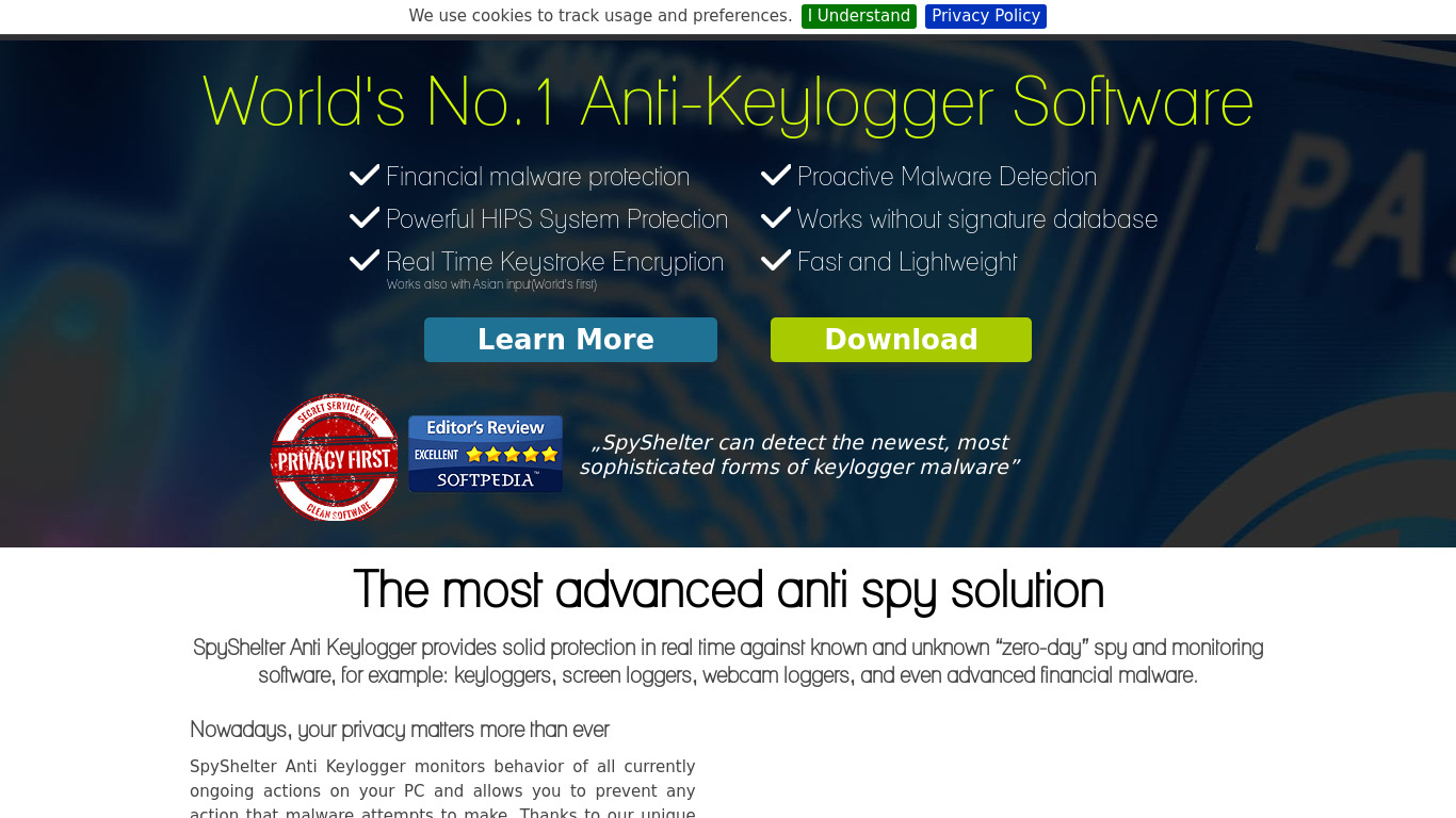 SpyShelter Anti Keylogger Landing page