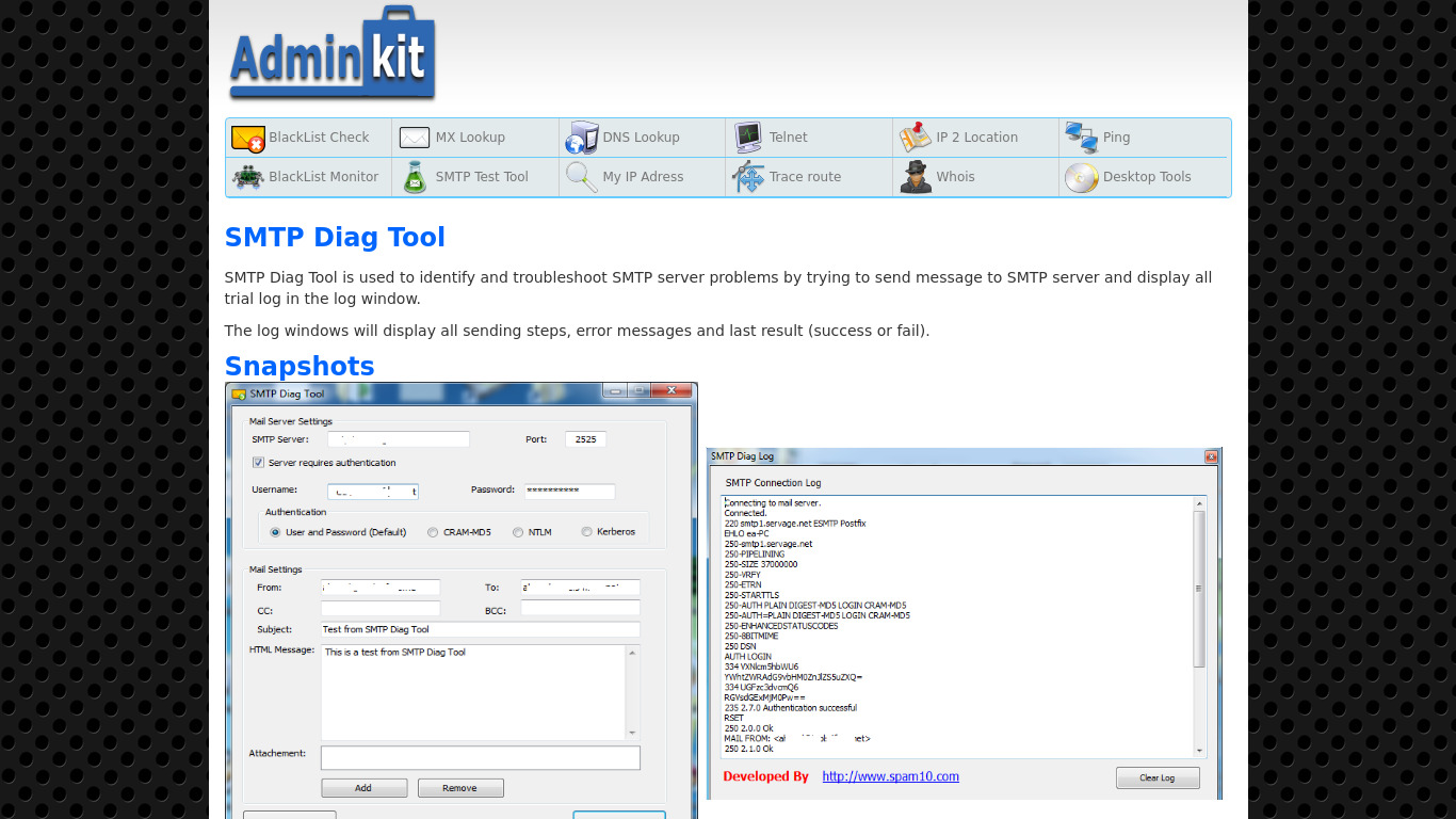 adminkit.net SMTP Diag Tool Landing page