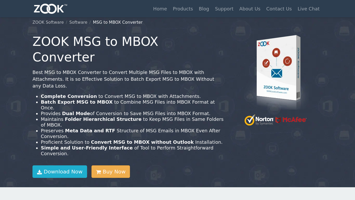 ZOOK MSG to MBOX Converter Landing page