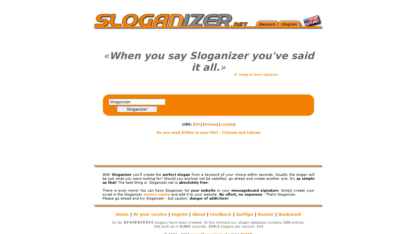 Sloganizer Landing page