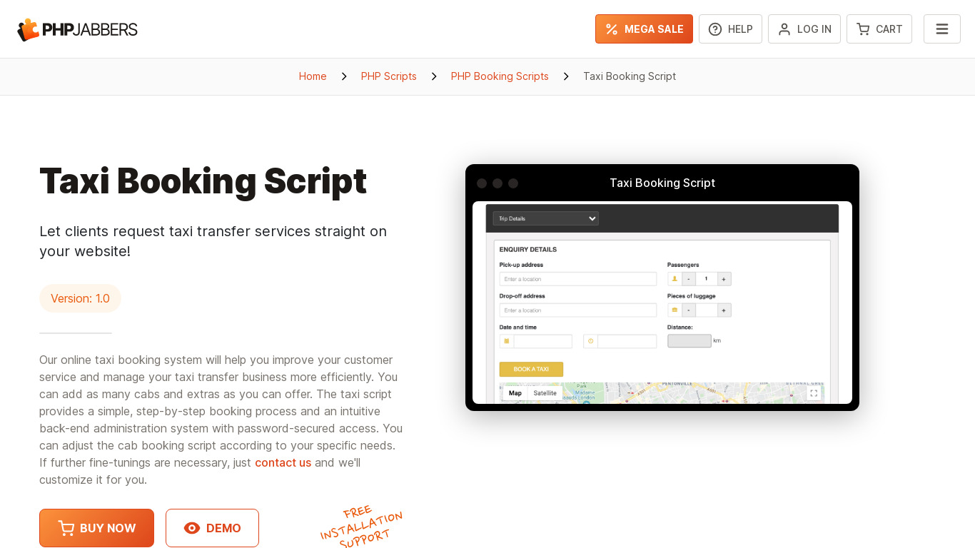 Taxi Booking Script by PHPJabbers Landing page