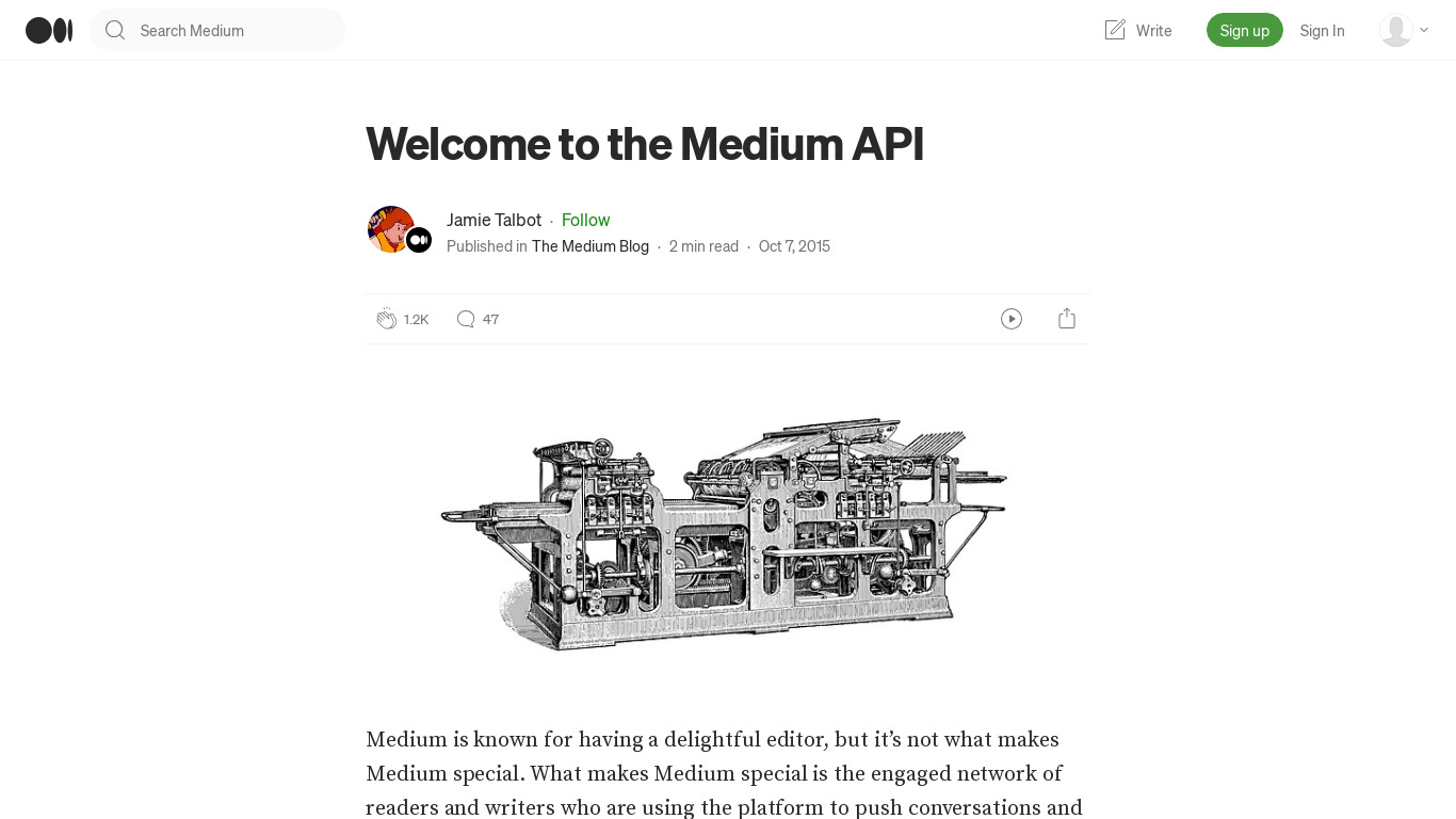 Medium API Landing page