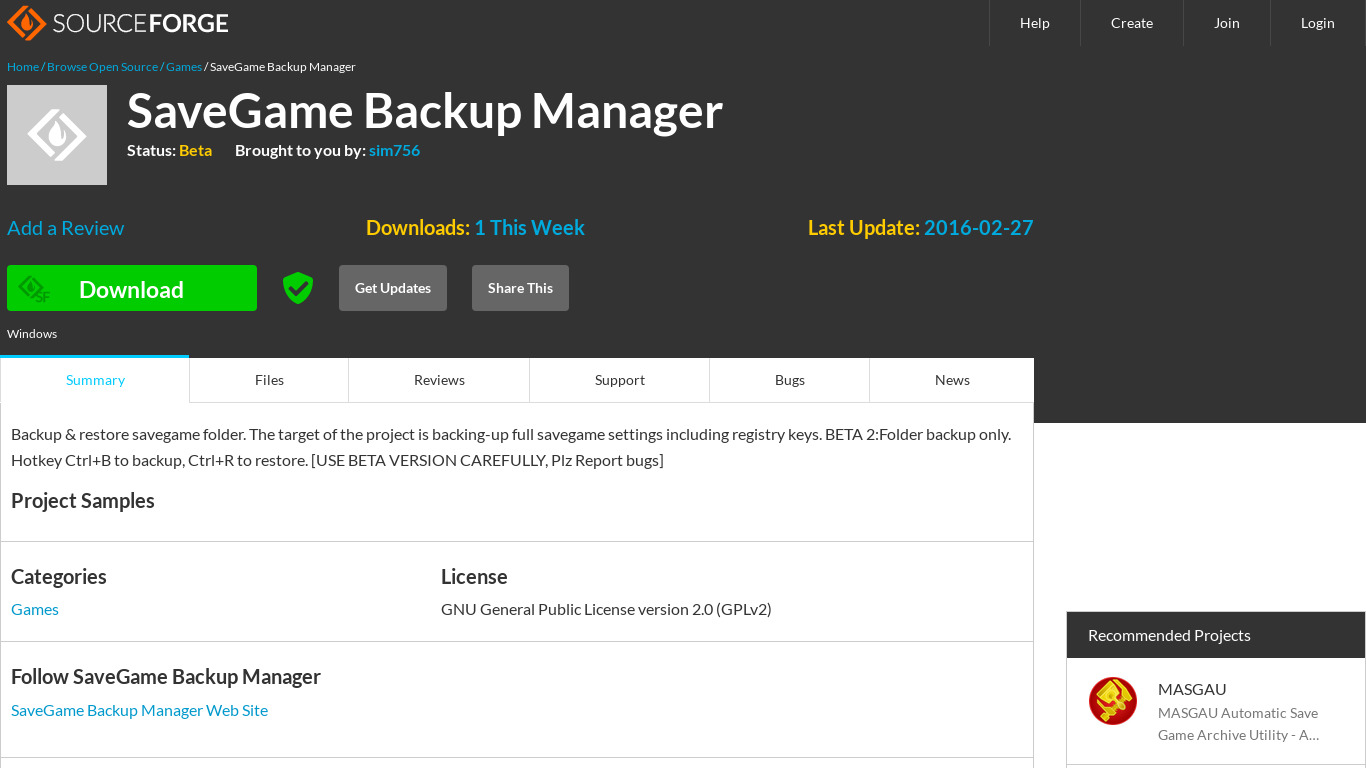 SaveGame Backup Manager Landing page