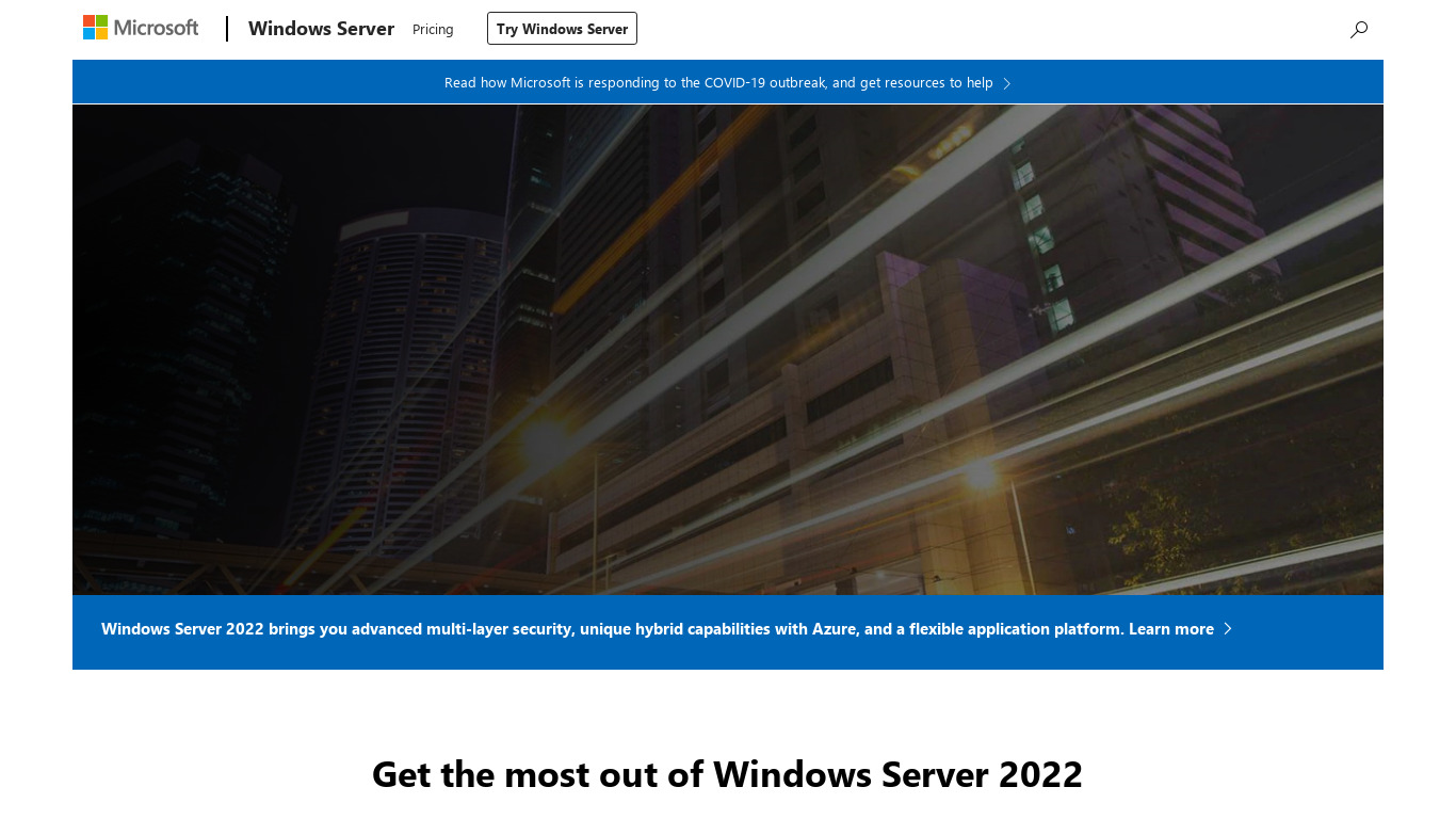 Windows Server 2019 Landing page
