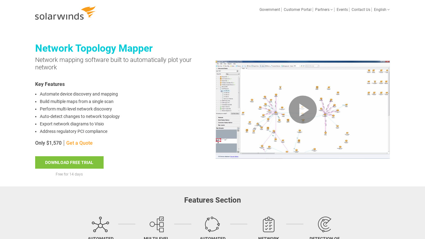 SolarWinds Network Topology Mapper Landing page