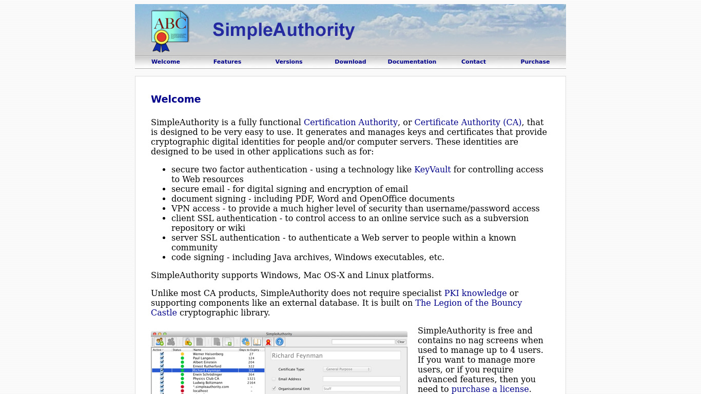SimpleAuthority Landing page