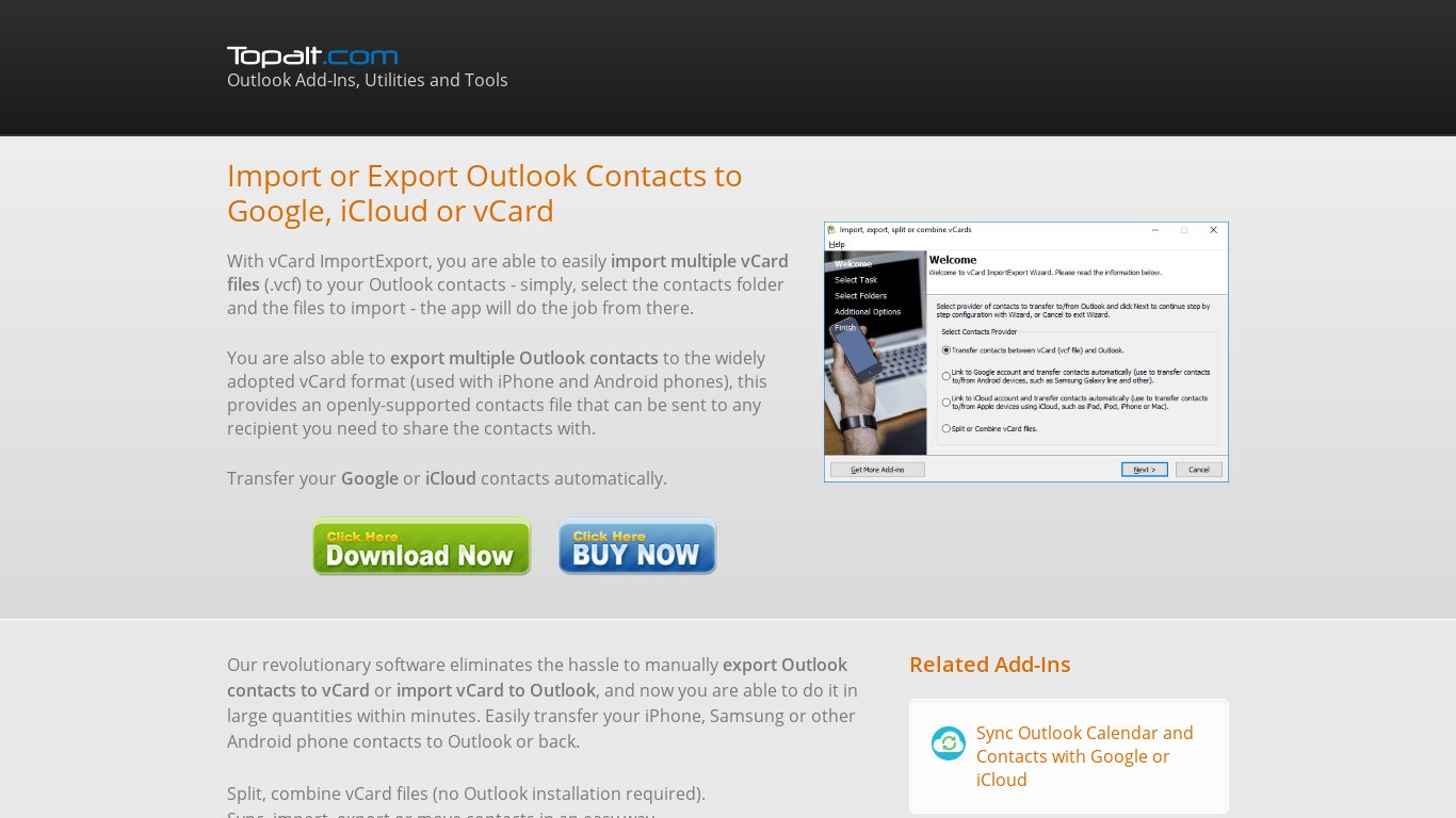 vCard Import-Export for Outlook Landing page