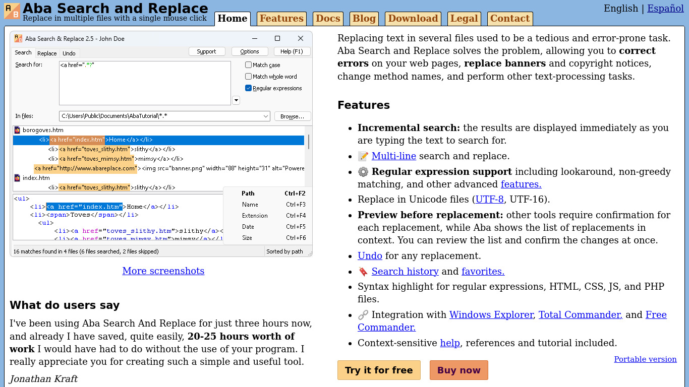 Aba Search and Replace Landing page