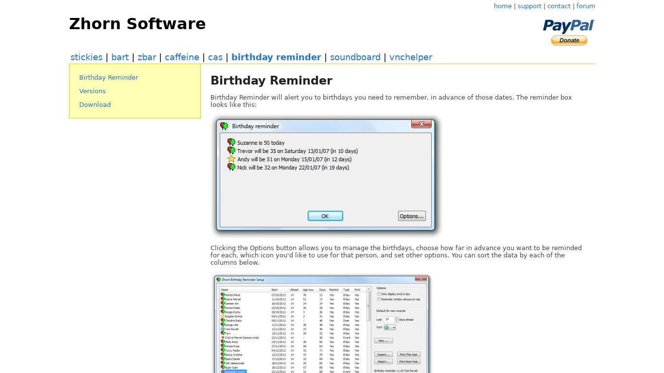 zhornsoftware.co.uk Zhorn Birthday Reminder Landing page