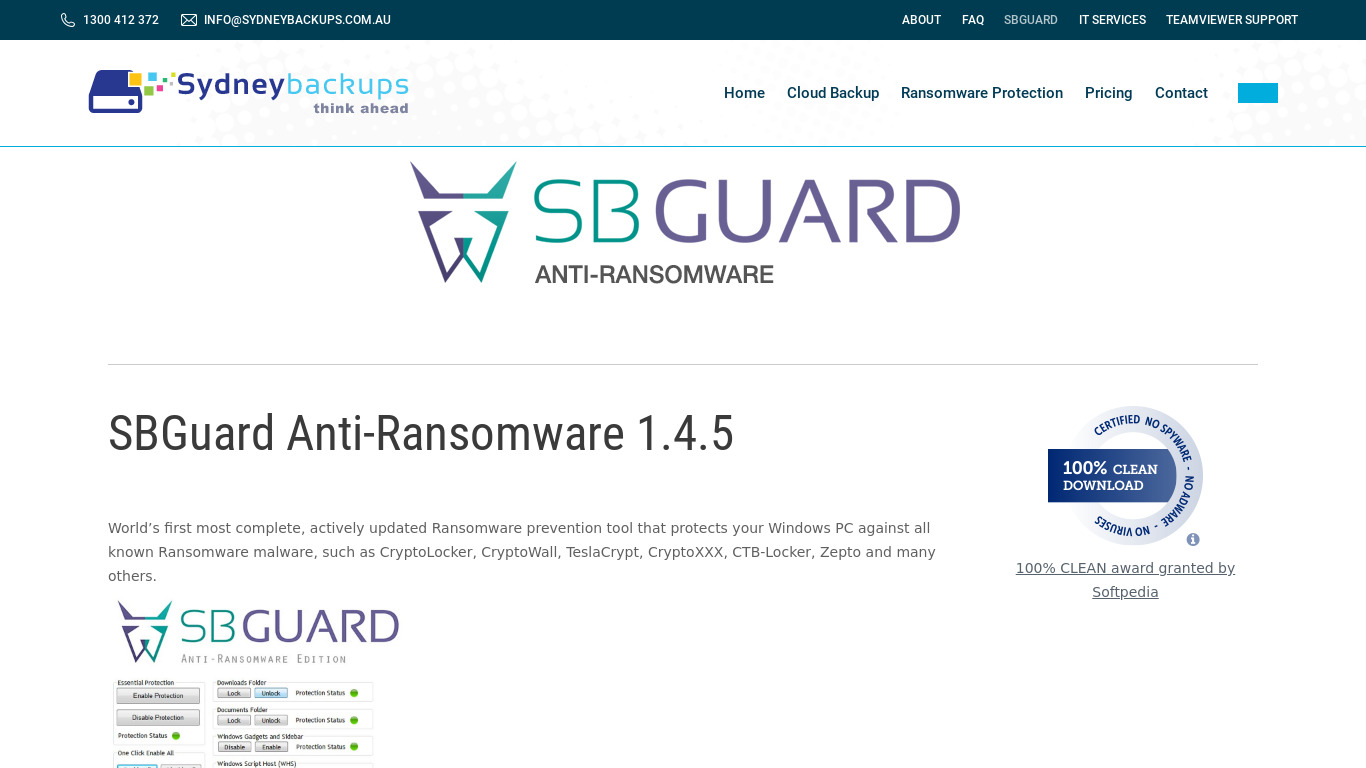 SBGuard Anti-Ransomware Landing page