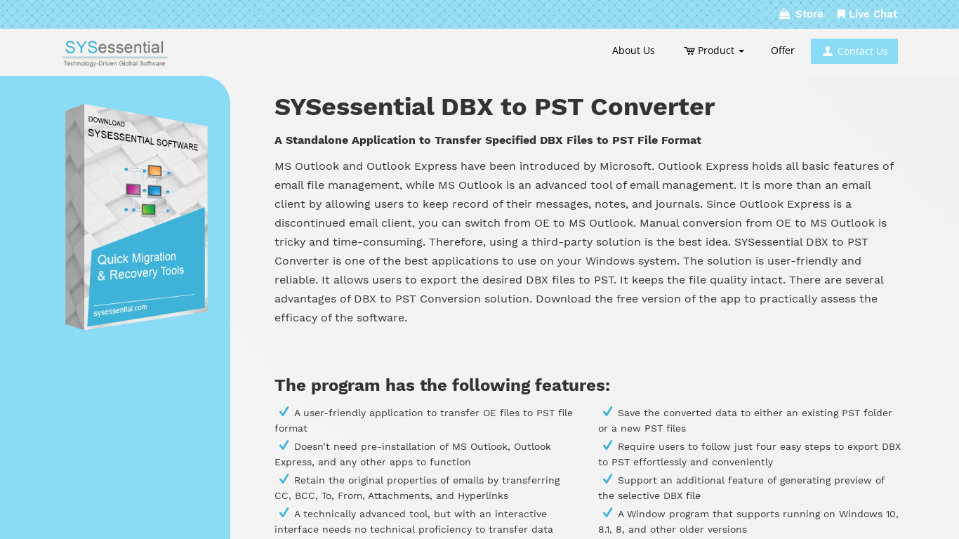 SYSessential DBX to PST Converter Landing page