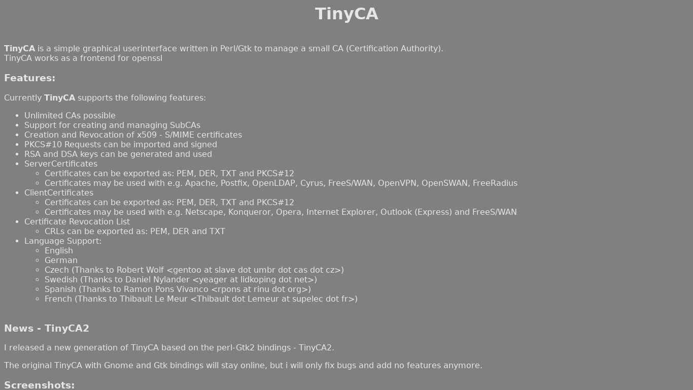 TinyCA Landing page